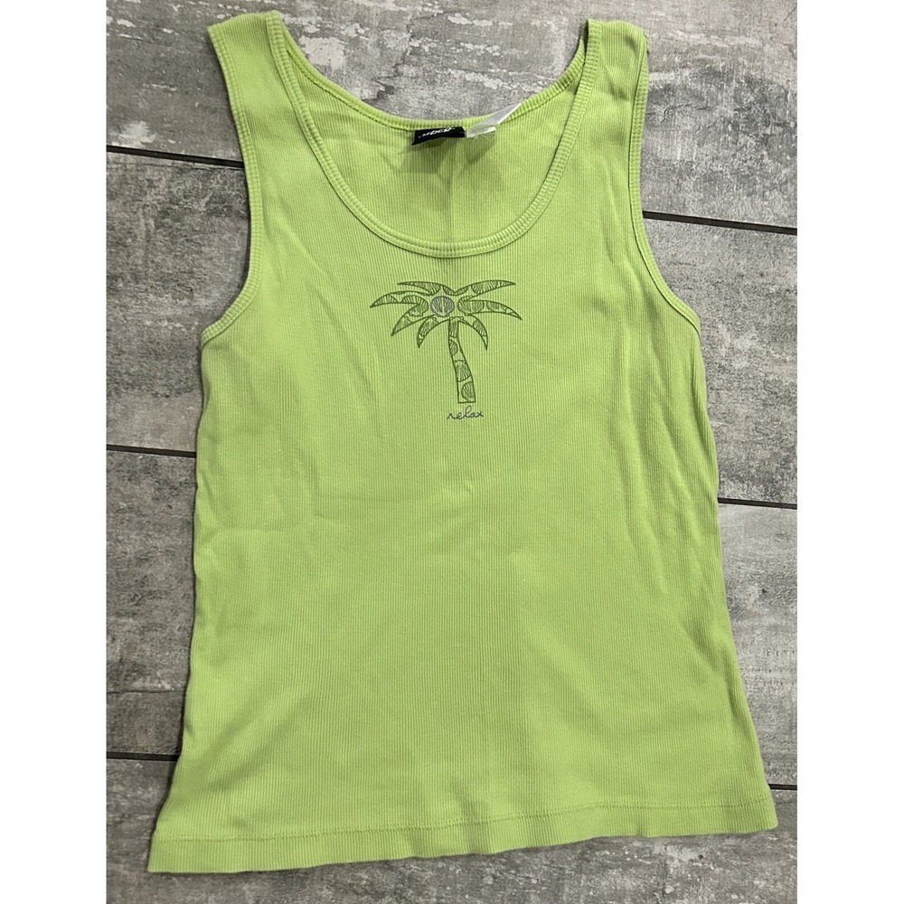 Vintage BCG Green Palm Tree‎ Ribbed Tank Top Relax 90s Y2K Preppy Boho SZ Large
